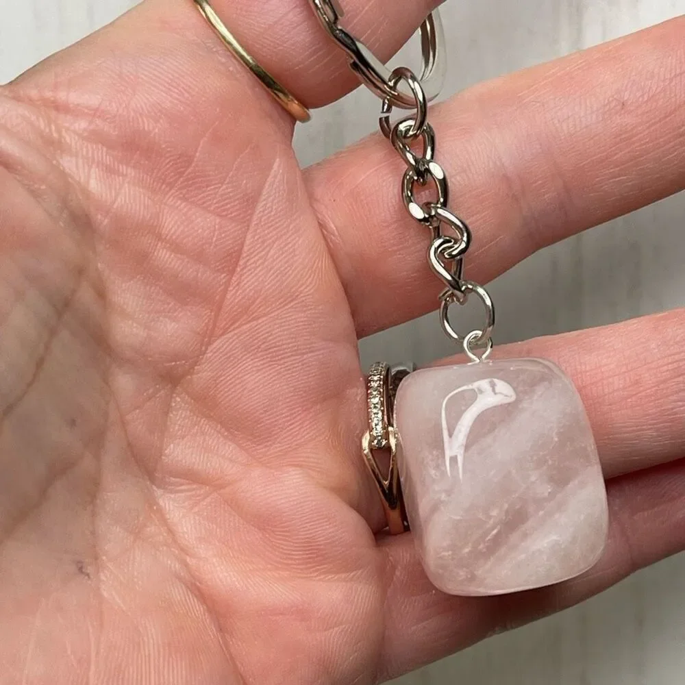 Rose quartz cube keychain key ring pendant chain NEW pink natural